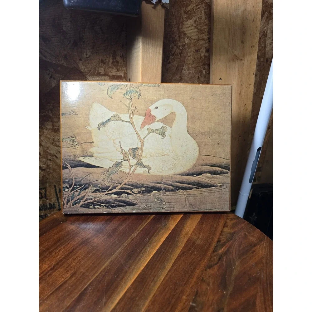 Vintage Goose Wall Art Wood Plaque Asian Style Bird Illustration Farmhouse Decor